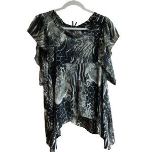 Lapis Women Sz Medium Animal Print Sheer Blouse Asymmetrical Shark Bite Hem